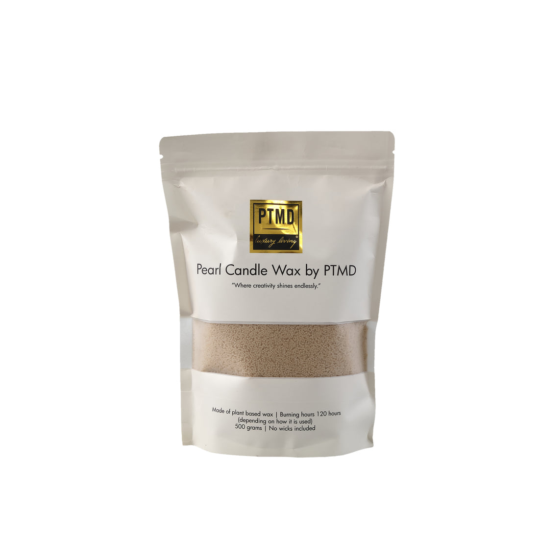 Pearl Kaarsenzand Beige 500 Gram van PTMD, zak met beige waxparels op witte achtergrond