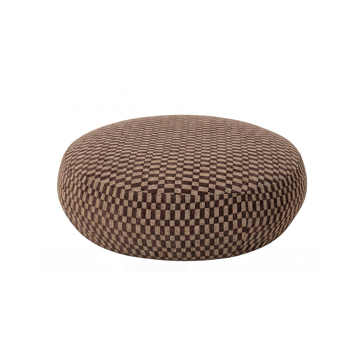 Pilo Poef Donkerbruin Rond Geblokt Small van PTMD, lage ronde poef in donkerbruin geblokte stof op witte achtergrond