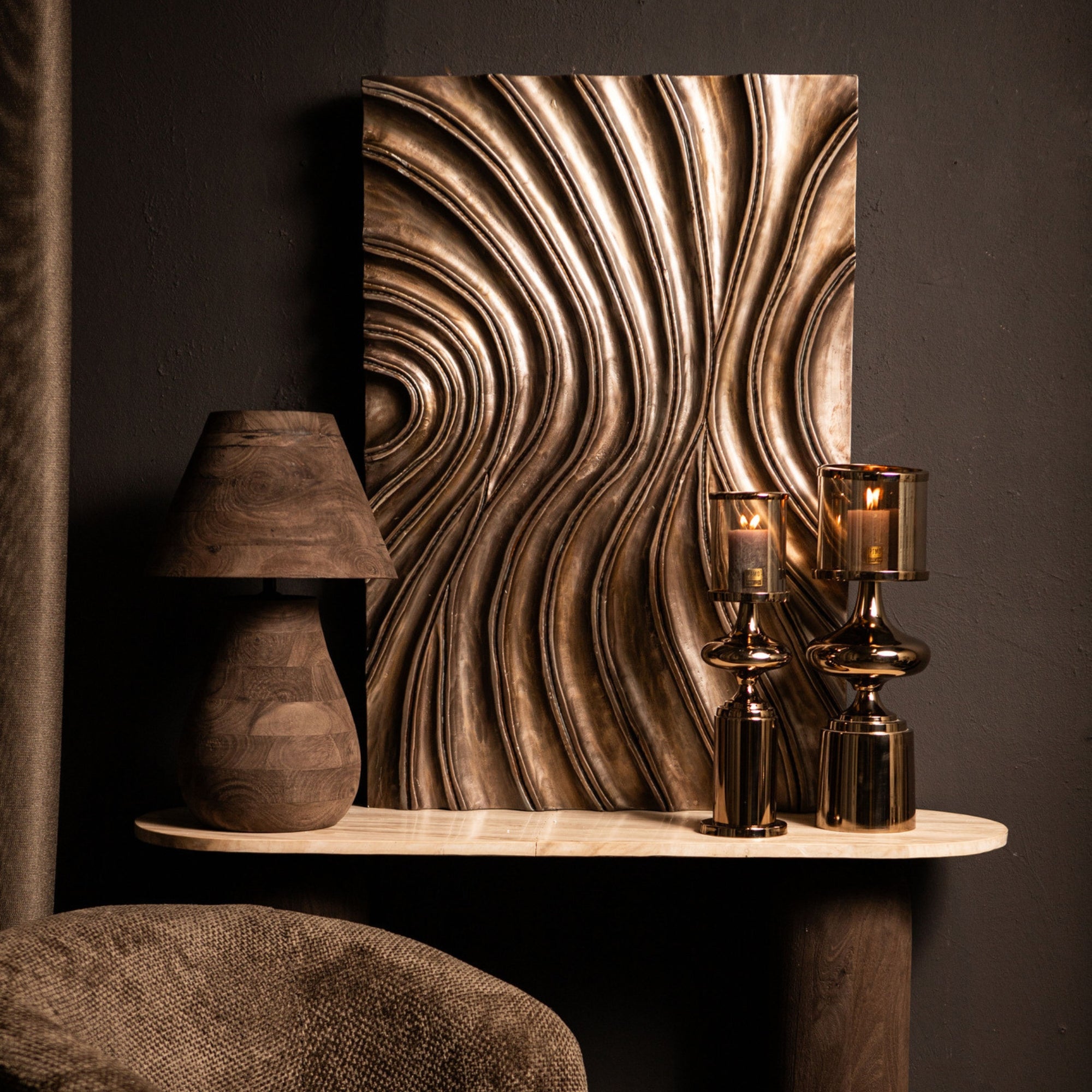 Reddie Wavvy Bruin Glimmend Wandpaneel Small 60x90cm PTMD - Wandpaneel - PTMD - livinglovely.nl
