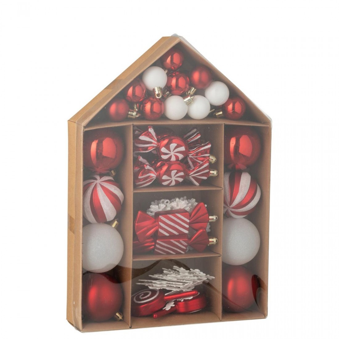 Doos Van 59 Kerstbal Plastiek Kerstrood/Wit J-Line