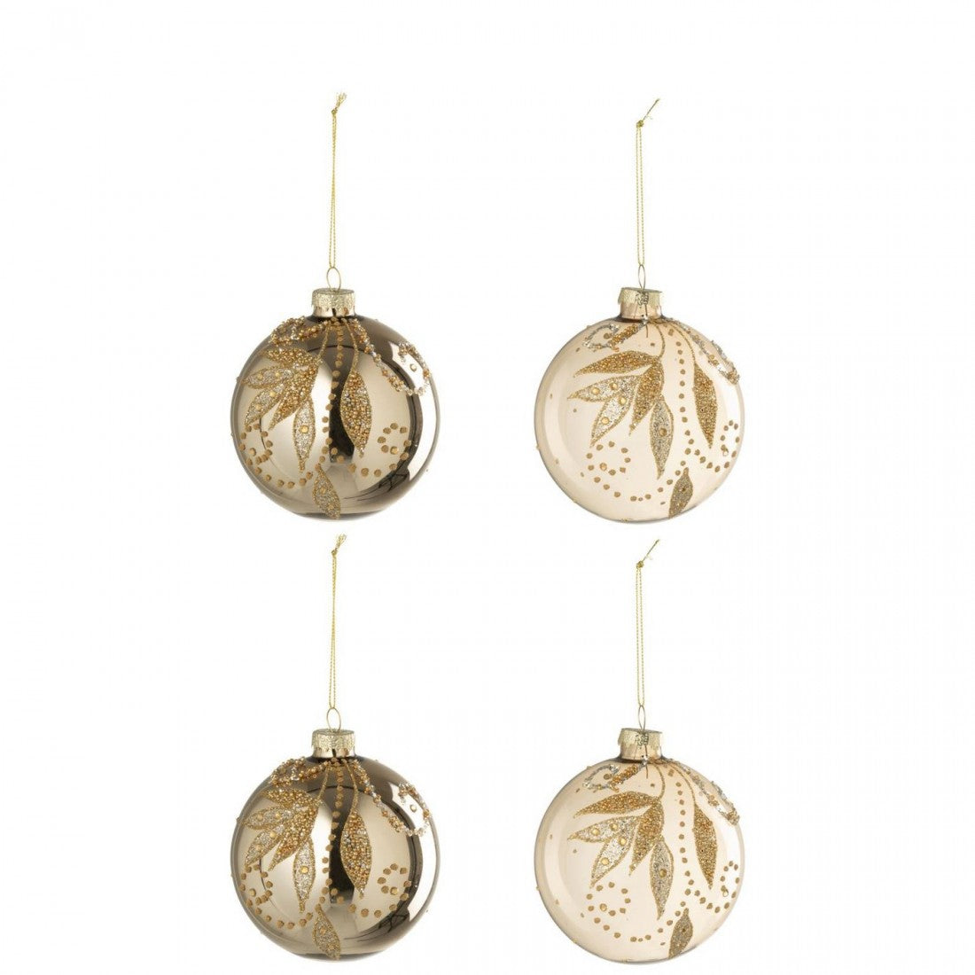 Doos Van 4 Kerstbal Bladeren + Stippen Glas Goudkleurig J-Line