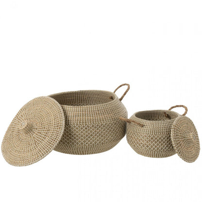 Mand Handvat + Deksel Zeegras Naturel/Wit Set van 2 J-Line
