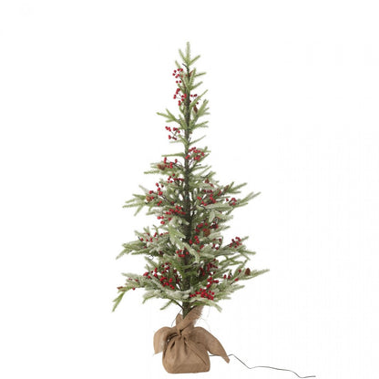 Kerstboom + Jute Zak + Led Kunststof Sneeuw Groen/Rood Small H130cm J-Line