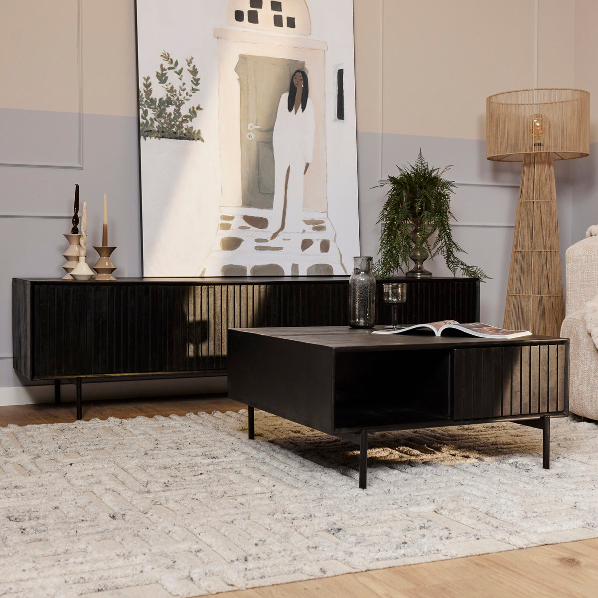 Zwarte Madison salontafel 80 cm schuin van boven gezien met twee gesloten lades