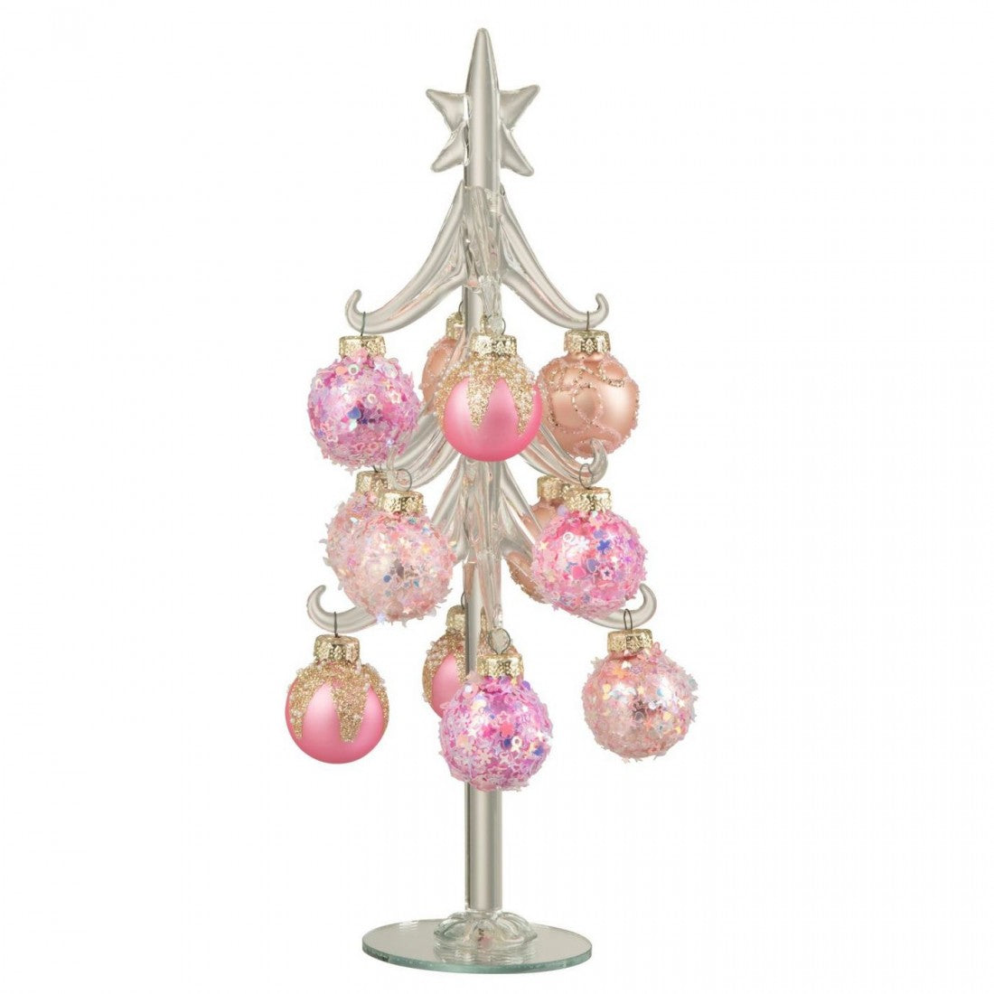 Kerstboom + Ballen Roze/Transparant Large uit de set van J-Line, glazen boompje van 27 cm met roze balletjes