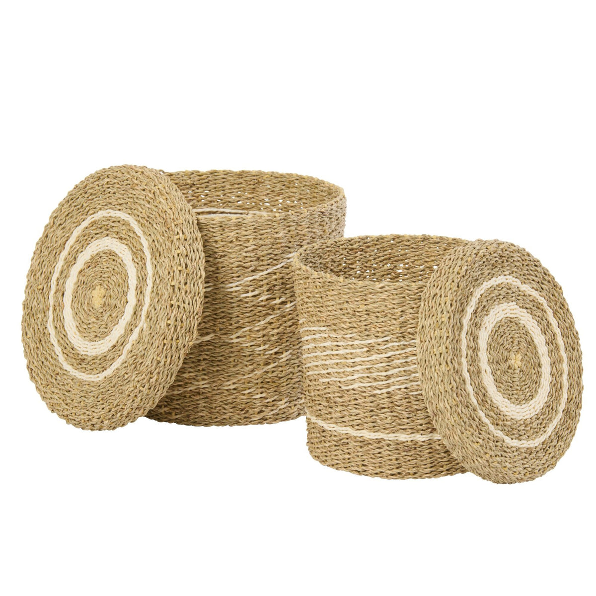 Set Van 2 Mand + Deksel Gestreept Papier Wit/Naturel J-Line