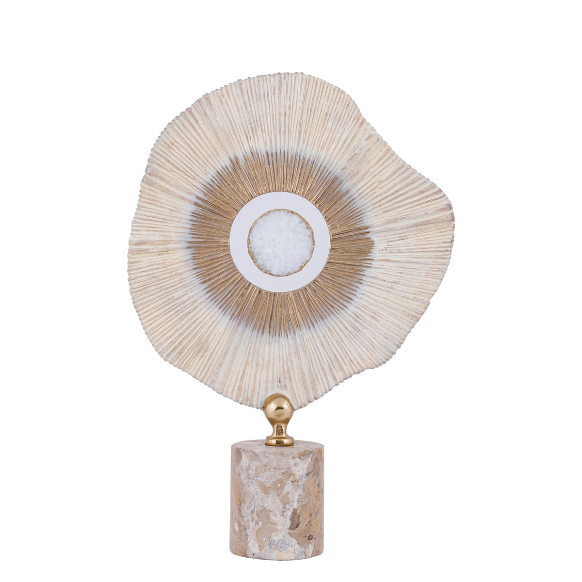Set Van 2 Rella Beelden Beige Marmer van PTMD, het grote beeld L met gouden hart en witte steen op ronde marmeren voet