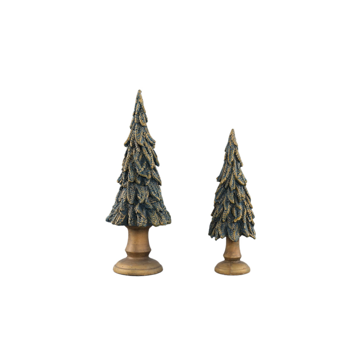 Set Van 2 Thao Kerstbomen Cement Donkergroen Goud van PTMD, de complete set met beide kerstboombeelden naast elkaar op witte achtergrond