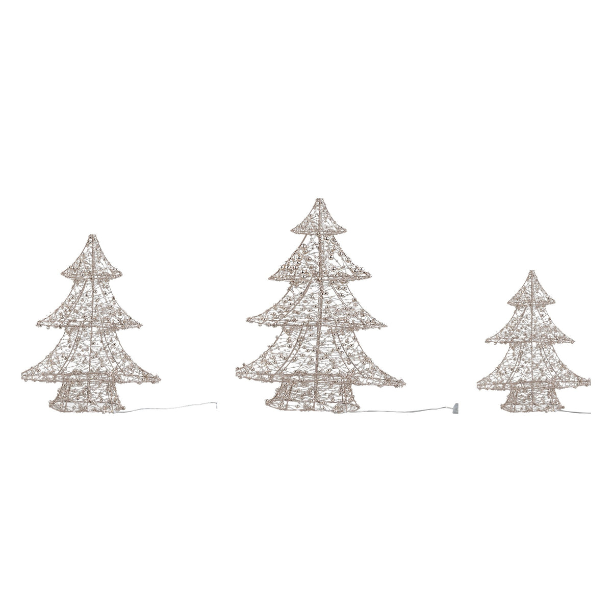 Set Van 3 Misk LED Kerstbomen Goud Met Kralen van PTMD, de complete set met alle drie de LED kerstbomen naast elkaar op witte achtergrond