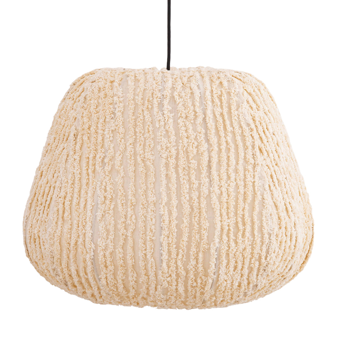 Tayma hanglamp L van PTMD, grote crème kap van katoen met verticale strepen in vooraanzicht