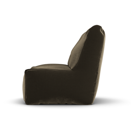 Taupe velvet Junior Lounge Seat van Laui Lounge van opzij, met rughoogte van 74 centimeter