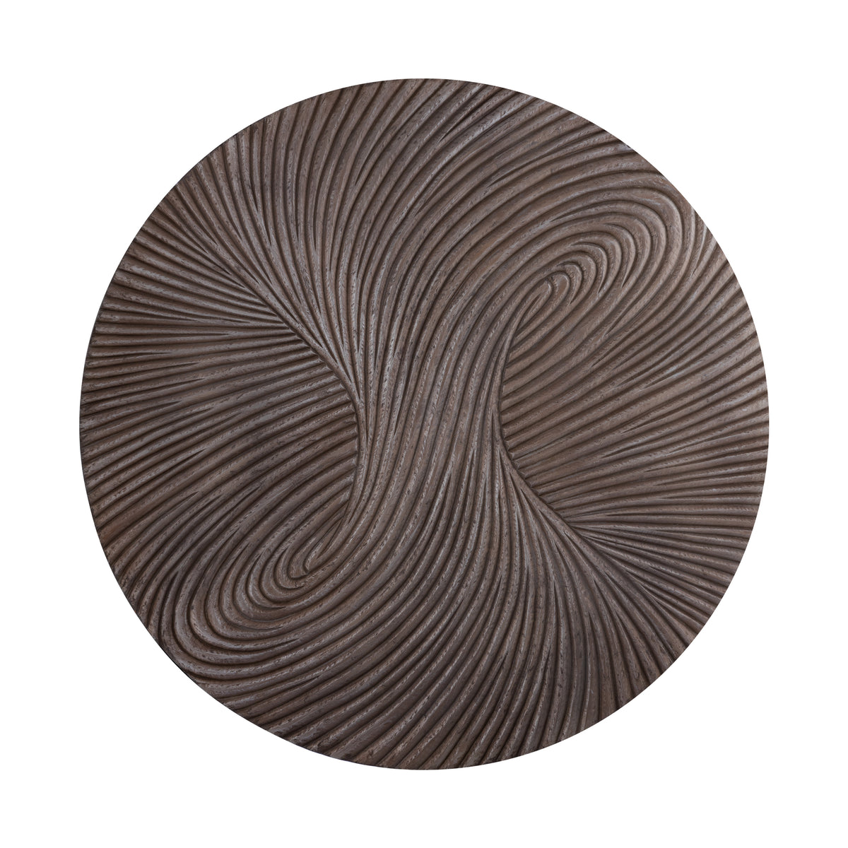 Wandpaneel Wiktor Rond Bruin Ø120cm van PTMD, vooraanzicht van het bruine MDF paneel met swirlreliëf