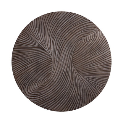 Wandpaneel Wiktor Rond Bruin Ø120cm van PTMD, vooraanzicht van het bruine MDF paneel met swirlreliëf