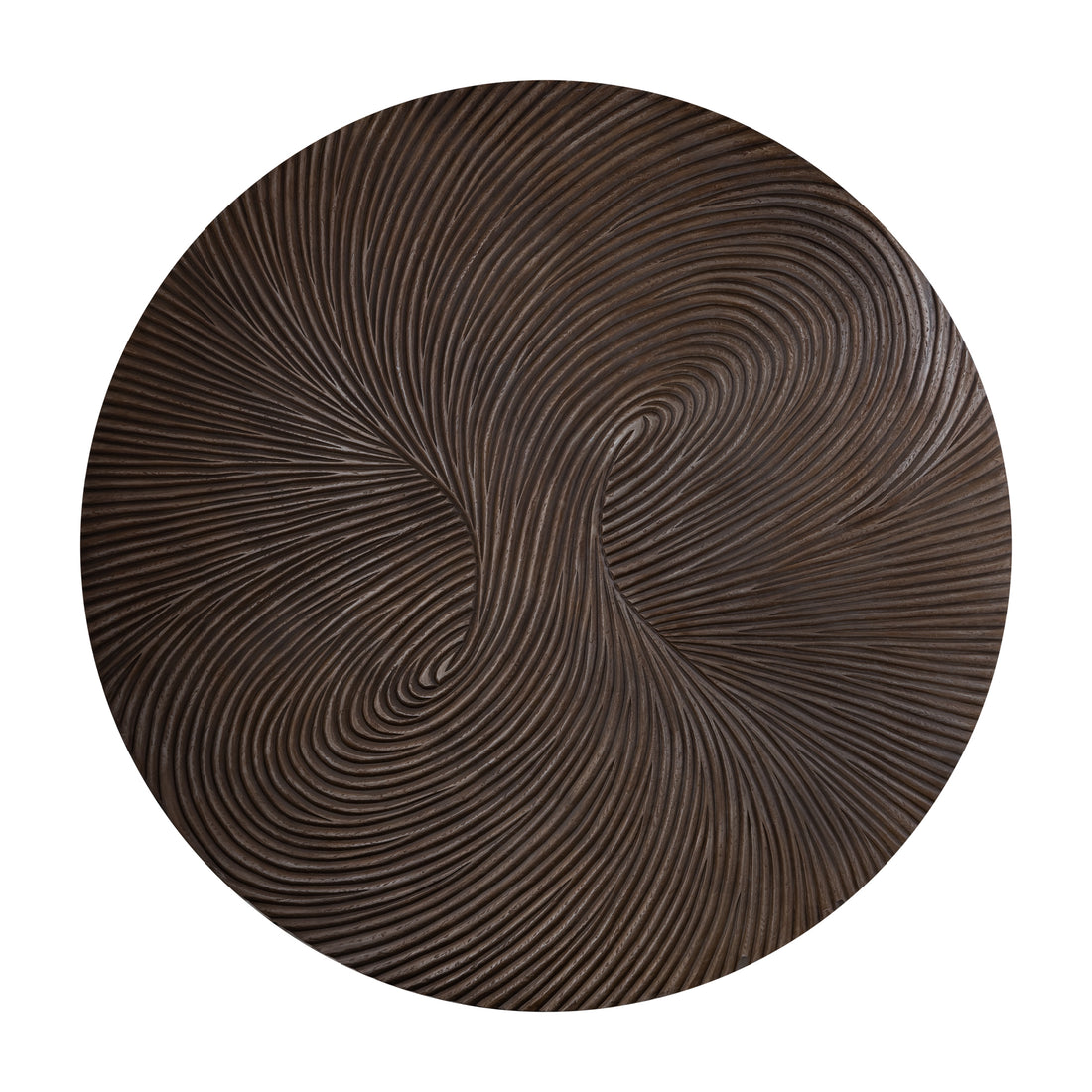 Wandpaneel Wiktor Rond Bruin Ø180cm van PTMD, vooraanzicht van het grote bruine MDF paneel met swirlreliëf