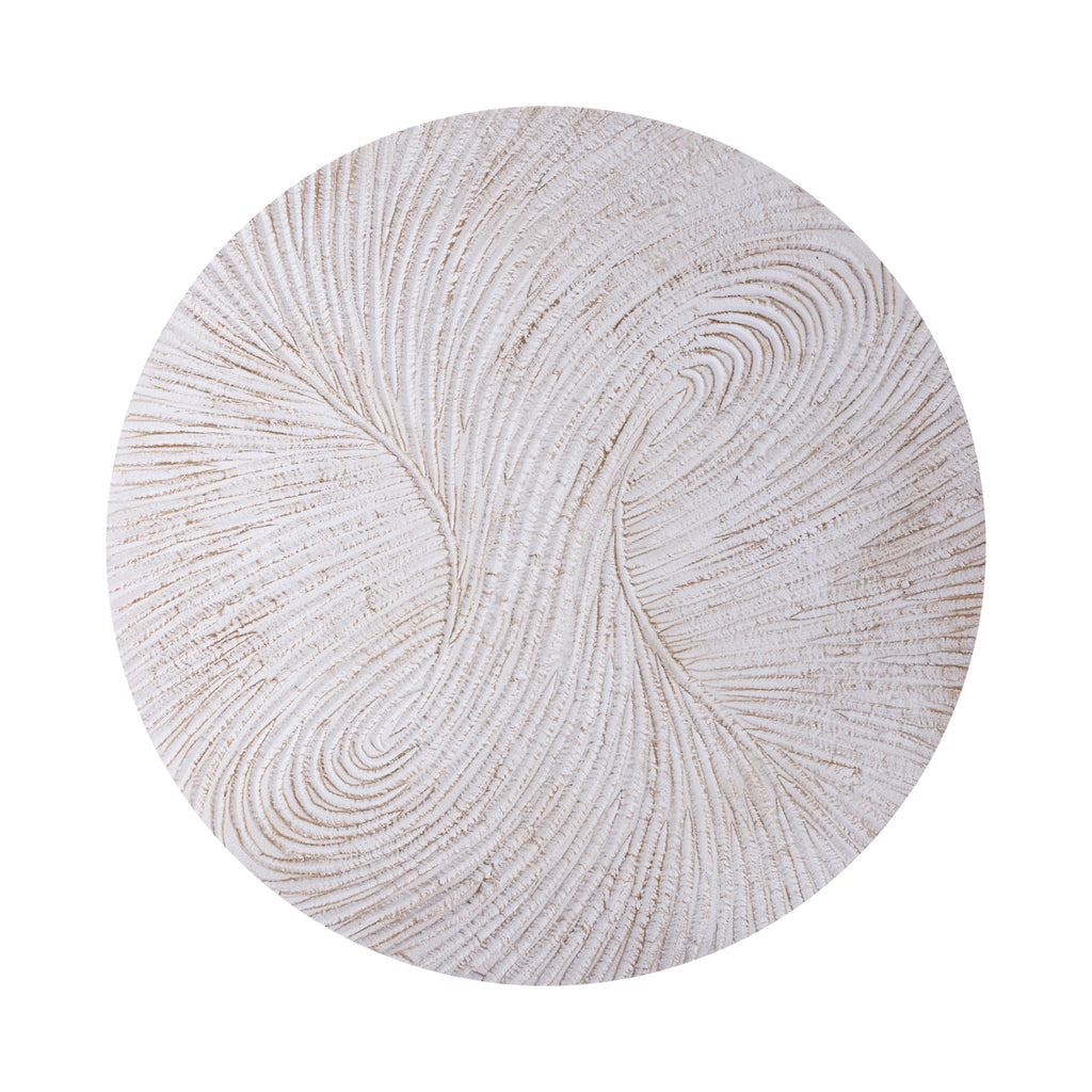 Wandpaneel Wiktor Rond Wit Ø120cm van PTMD, vooraanzicht van het witte MDF paneel met swirlreliëf