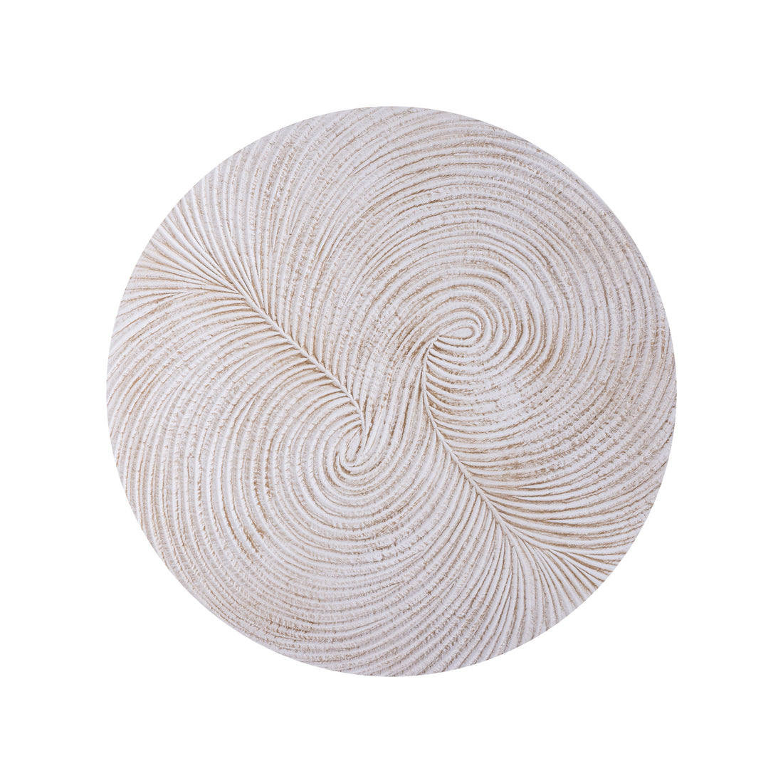 Wandpaneel Wiktor Rond Wit Ø90cm van PTMD, vooraanzicht van het witte MDF paneel met swirlreliëf