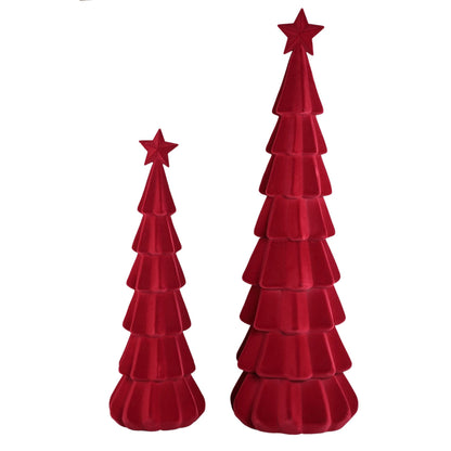 Yule Kerstboom Gelaagd Bordeaux Small van PTMD, twee maten kerstbomen in bordeaux naast elkaar op witte achtergrond