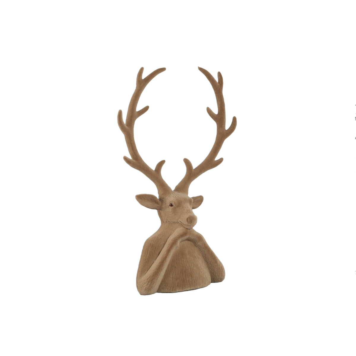 Yule Rendierkop Beige Large van PTMD, rendierkop op voet met groot gewei in beige fluweel op witte achtergrond